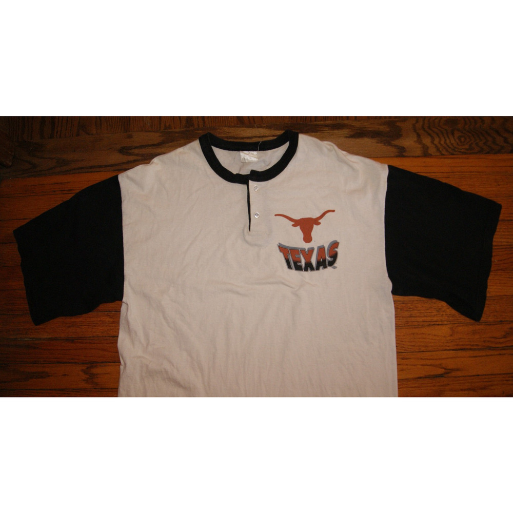 Vintage 90s Texas Longhorns Tan Black Henley Large TShirt RARE! Spell Out